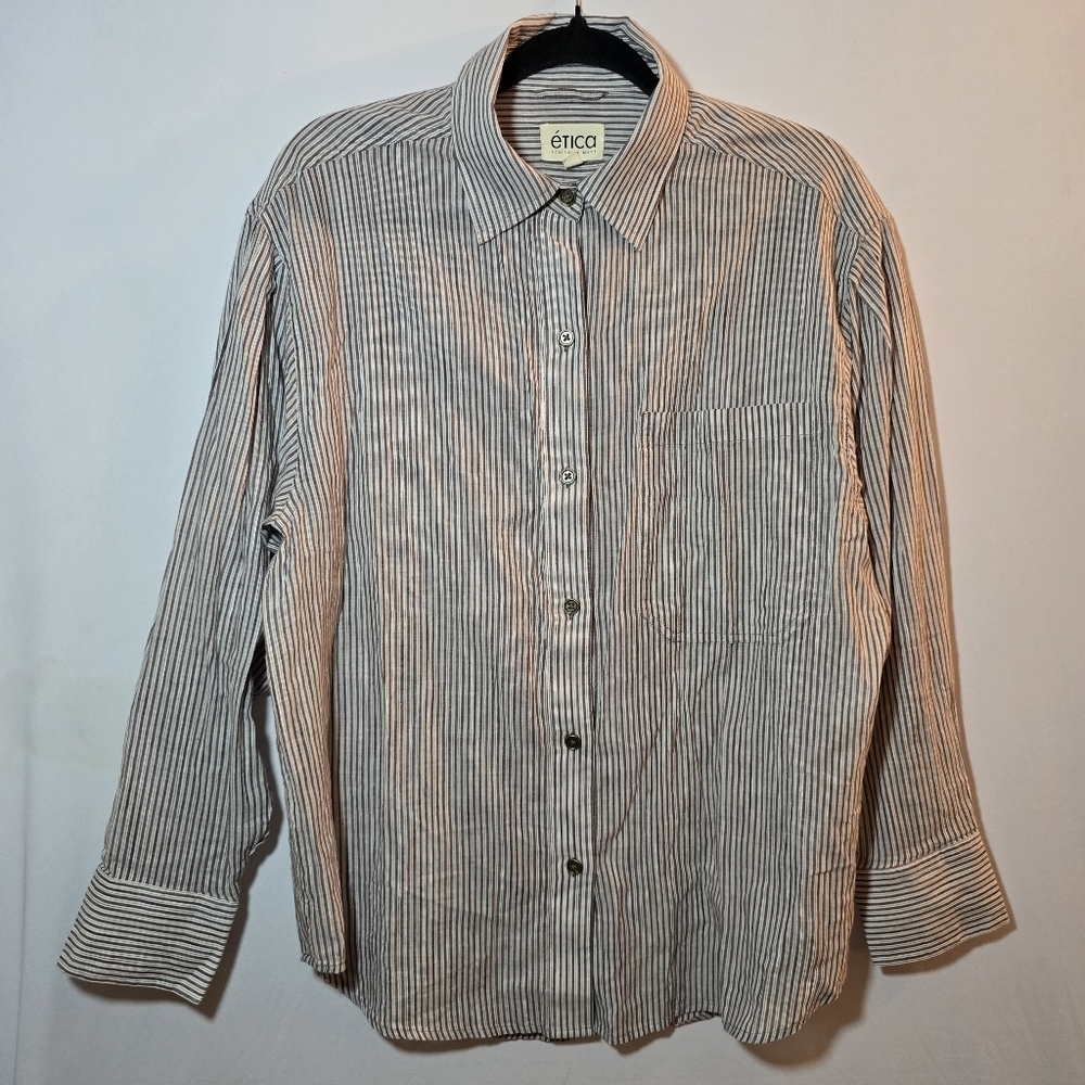 Etica 100% Cotton Striped Oversized Button Front Top Blouse Shirt, sz S